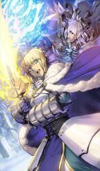 Rule 34 | 1boy, 1girl, armor, armored dress, armored gloves, artoria pendragon (fate), blonde hair, blue bow, blue cape, blue dress, bow, breastplate, bun with braided base, cape, chest tattoo, closed mouth, commentary, crown, curled horns, dragon boy, dragon horns, dress, dutch angle, excalibur (fate/stay night), facial tattoo, fate/grand order, fate (series), faulds, fur-trimmed cape, fur trim, gauntlets, glowing, glowing sword, glowing tattoo, glowing weapon, green eyes, hair between eyes, hair bow, holding, holding sword, holding weapon, horns, long hair, long sleeves, looking at another, official art, open mouth, saber (fate), shishizaru, sidelocks, siegfried (fate), sword, tattoo, teeth, third-party source, two-handed, upper teeth only, v-shaped eyebrows, weapon, white hair