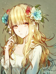 1girl blonde_hair blue_flower breasts commentary dated eyes_visible_through_hair flower hair_flower hair_ornament highres light_particles long_hair long_sleeves matsunaka_hiro original red_flower shirt signature small_breasts solo symbol-only_commentary upper_body white_shirt yellow_eyes yellow_flower