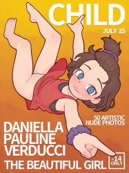 1girl barefoot blue_eyes casytay closed_mouth cover donkey_kong_(series) donkey_kong_bananza dress english_text fake_magazine_cover flat_chest freckles highres loli looking_at_viewer magazine_cover nintendo no_panties pauline_(mario) pauline_(young)_(mario) purple_scrunchie red_dress scrunchie solo toes wrist_scrunchie
