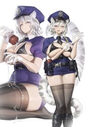 1girl animal_ears black_thighhighs breasts gloves hat highres large_breasts looking_at_viewer original police police_hat police_uniform policewoman short_hair smile solo tail thighhighs veksoo white_gloves white_hair