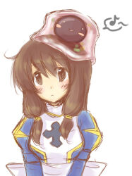 Rule 34 | 1girl, alternate color, blue dress, blush, brown eyes, brown hair, closed mouth, commentary request, creature on head, cross, dress, expressionless, high priest (ragnarok online), juliet sleeves, long hair, long sleeves, looking at viewer, lowres, puffy sleeves, ragnarok online, simple background, slime (creature), solo, two-tone dress, upper body, white background, white dress, yuetoko