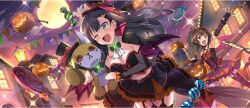 2girls ;d armpit_crease armpits ascot bandaged_leg bandages black_bow black_bowtie black_bustier black_cape black_cat black_dress black_gloves black_hair black_hat black_skirt black_sleeves black_thighhighs bow bowtie breasts brown_hair bucket building bustier button_eyes buttons candy cape cat chomusuke cleavage cloud cloudy_sky collar collarbone demon_horns demon_tail demon_wings detached_collar detached_sleeves diagonal_bangs dress dress_bow fake_horns fake_tail fake_wings fingerless_gloves food from_below full_moon game_cg garter_straps gloves green_brooch green_eyes hair_ornament hairclip halloween halloween_bucket halloween_costume halter_dress halterneck happy hat highres holding holding_bucket holding_stuffed_toy horned_headwear horns jack-o&#039;-lantern jack-o&#039;-lantern_hat_ornament kono_subarashii_sekai_ni_shukufuku_wo! konosuba!_fantastic_days layered_skirt lia_(konosuba) light_blush lollipop long_hair looking_at_object medium_breasts megumin midriff mini_hat mini_top_hat miniskirt moon multicolored_dress multiple_girls navel night official_alternate_costume official_art one_eye_closed open_mouth orange_skirt outdoors outstretched_arm parted_bangs pink_cape purple_thighhighs red_bow red_eyes red_horns red_wings road shade short_hair short_hair_with_long_locks single_garter_strap single_thighhigh skirt skirt_under_dress sky small_breasts smile street striped_clothes striped_thighhighs stuffed_animal stuffed_fox stuffed_toy swirl_lollipop tail thighhighs top_hat two-sided_cape two-sided_fabric two-tone_skirt two-tone_thighhighs v-shaped_eyebrows white_ascot white_collar wings yellow_moon zettai_ryouiki