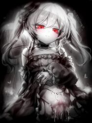 1boy 1girl blur_censor breasts censored closed_mouth clothes_lift cum cum_in_pussy cum_overflow doll_joints dress dress_lift eudie_(shadowverse) greyscale hat hetero highres joints kupa_(jesterwii) lifting_own_clothes long_hair long_sleeves looking_at_viewer mini_hat monochrome orchis penis puffy_long_sleeves puffy_sleeves pussy red_eyes sex shadowverse sideways_hat small_breasts spot_color twintails vaginal