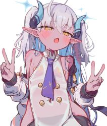 1girl bandaid bandaids_on_nipples bare_shoulders blue_archive blue_hair blush chestnut_mouth dark-skinned_female dark_skin double_v fang half-closed_eyes halo highres horns loli long_hair long_pointy_ears masute multicolored_hair navel necktie open_mouth pasties pointy_ears see-through_clothes skin_fang sumomo_(blue_archive) tagme tail twintails two-tone_hair v very_long_hair white_background white_hair yellow_eyes