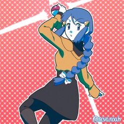 1girl aged_up arm_up boots bow dawn_(pokemon) eyelashes hair_bow hair_ornament hairclip holding holding_poke_ball long_sleeves looking_back nintendo novanoah outline pantyhose parted_lips pink_background poke_ball poke_ball_(basic) pokemon pokemon_dppt ponytail sidelocks skirt solo sweater twitter_username