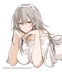 1girl alternate_costume bare_shoulders bow bow_panties breasts commentary english_commentary grey_hair hair_between_eyes honkai:_star_rail honkai_(series) large_breasts long_hair looking_at_viewer lying nevercrymoon object_on_head on_stomach panties panties_on_head patreon_username simple_background solo stelle_(honkai:_star_rail) trailblazer_(honkai:_star_rail) underwear watermark web_address white_background white_panties yellow_eyes