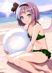 Rule 34 | 1girl, alternate costume, beach, bikini, black hairband, blue eyes, blush, breasts, cleavage, closed mouth, commentary, green bikini, grey hair, hairband, highres, hitodama, konpaku youmu, konpaku youmu (ghost), mist9801km, navel, ocean, outdoors, small breasts, smile, solo, stomach, sun, swimsuit, touhou