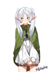1girl :| artist_name capelet closed_mouth cosplay cowboy_shot dress elf expressionless frieren green_capelet green_eyes hair_over_shoulder highres long_hair looking_to_the_side mushoku_tensei own_hands_together pointy_ears short_eyebrows simple_background solo sousou_no_frieren sydus sylphiette_(mushoku_tensei) sylphiette_(mushoku_tensei)_(cosplay) thick_eyebrows thighs twintails twitter_username white_background white_dress white_hair