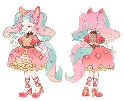 1girl animal_ears aqua_hair back_bow bow brown_shirt closed_eyes collared_shirt commentary_request facing_away facing_viewer fake_animal_ears fake_horns food food-themed_clothes food-themed_hair_ornament food_print fruit fruit_print full_body gloves hair_ornament hand_up heart heart_hair_ornament highres horns horse_tail ice_cream_cone lolita_fashion multicolored_hair multicolored_skirt multiple_views open_mouth original parted_bangs pink_hair pink_skirt puffy_short_sleeves puffy_sleeves red_shoes reference_sheet shirt shoes short_sleeves simple_background skirt smile sorata123 standing strawberry strawberry_print strawberry_slice sweet_lolita tail tail_ornament twintails two-tone_hair unicorn_girl unicorn_horn white_background white_gloves