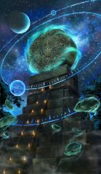 aqua_theme architecture aztec_calendar commentary fate/grand_order fate_(series) fire floating fog full_moon glowing lasengle mesoamerican_architecture moon night no_humans object_focus official_art outdoors pyramid_(structure) sky star_(sky) starry_sky still_life third-party_source tree