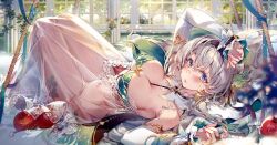 1girl apple bead_bracelet beads bird black_hairband bracelet breasts commentary detached_sleeves english_commentary firefly_(honkai:_star_rail) food fruit goose green_tube_top grey_hair hairband hieihirai highres honkai:_star_rail honkai_(series) indoors jewelry knees_up large_breasts looking_at_viewer navel on_bed panties parted_lips purple_eyes reclining sarong see-through_clothes see-through_sarong shirt solo stomach strapless thighhighs tube_top underwear unworn_shirt white_panties white_sarong white_sleeves white_thighhighs