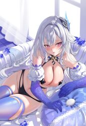 1girl absurdres bikini bikini_bottom_only breasts cleavage curtains cushion flower genshin_impact gloves grey_hair hair_flower hair_ornament highres kururu_(qqqqq59508750) large_breasts leaning_to_the_side looking_at_viewer parted_lips pasties purple_flower purple_gloves purple_thighhighs red_eyes sitting skirk_(genshin_impact) solo swimsuit thighhighs tile_floor tiles window