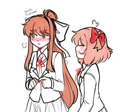 ahoge blush bow doki_doki_literature_club doki_doki_literature_club_school_uniform english_text feet_out_of_frame flustered green_eyes hair_bow heart heart_ahoge long_hair looking_to_the_side medium_hair monika_(doki_doki_literature_club) open_mouth pink_hair ponytail red_bow red_hair red_ribbon ribbon sayori_(doki_doki_literature_club) school_uniform sillybrowniee simple_background sketch smile standing white_background white_bow yuri