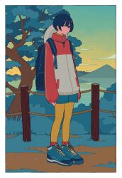 Rule 34 | 1girl, absurdres, backpack, bag, black hair, blue shorts, border, cloud, commentary request, day, fence, full body, hat, highres, jacket, leggings, long sleeves, looking at viewer, mountain, original, outdoors, red socks, rope fence, shi oo, shoes, short hair, shorts, sky, sneakers, socks, solo, standing, tree, white border, yellow leggings