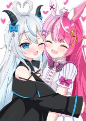1girl 2girls :d absurdres ahoge akugaki_koa animal_ears black_jacket black_shrug blue_bow blue_eyes blue_hair blush bow bowtie buckle center_frills chest_belt commentary_request commission crescent crescent_hair_ornament crescent_pendant demon_girl demon_horns diamond-shaped_pupils diamond_(shape) dress fang frills hair_between_eyes hair_bow hair_ornament happy heart heart-shaped_buckle heart_ahoge highres hiiragisensei horns hug idol_corp jacket lalabell_lullaby long_hair looking_at_viewer magical_girl multicolored_hair multiple_girls off_shoulder one_eye_closed open_mouth pink_bow pink_hair pixiv_commission pointy_ears puffy_short_sleeves puffy_sleeves purple_bow purple_bowtie rabbit_brooch rabbit_ears short_sleeves shrug_(clothing) skin_fang smile sparkle_hair_ornament split-color_hair star_ahoge streaked_hair symbol-shaped_pupils virtual_youtuber white_dress white_hair