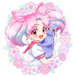 1girl :3 :d absurdres animal animal_ears bishoujo_senshi_sailor_moon blush cat cat_ears chibi_usa crescent crescent_facial_mark diana_(sailor_moon) double_bun earrings facial_mark floral_print hair_bun highres holding holding_animal jewelry looking_at_viewer naninunenonono open_mouth orange_eyes parted_bangs pink_eyes pink_hair pink_sailor_collar sailor_collar school_uniform short_hair simple_background smile white_background