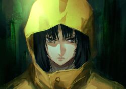 &gt;:( 1girl abstract_background absurdres black_eyes black_hair highres kara_no_kyoukai portrait pppeipeipipi raincoat ryougi_shiki short_hair solo v-shaped_eyebrows yellow_raincoat