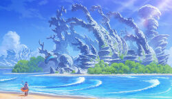 1boy 1girl backpack bag beach blue_sky boots bush cloud day dragon facing_away fantasy footprints forest from_behind nature ocean original outdoors sand scenery shore sky solo staff standing statue sunlight tree walking water waves wide_shot yamakou_(yamakou_e2)