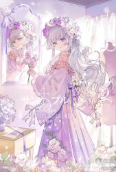 1girl bonnet bouquet dress flower grey_hair highres holding holding_bouquet indoors jewelry long_hair long_sleeves looking_at_viewer mirror original purple_dress purple_eyes qingshui_ai rose smile solo white_flower