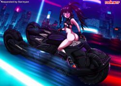 1girl 2023 ass bbmbbf bikini_top black_hair black_rock_shooter black_rock_shooter_(character) blue_eyes bra breasts commission commissioner_upload cyberpunk dildo female_focus gloves highres motor_vehicle motorcycle object_insertion open_mouth palcomix pussy_juice sex_toy small_breasts solo tagme toon.wtf twintails underwear vaginal vaginal_object_insertion