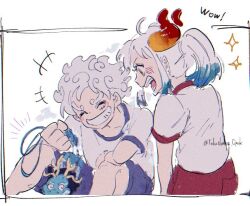 +++ 1boy 1girl ^_^ aqua_hair closed_eyes gear_fifth horns kaidou_(one_piece) monkey_d._luffy one_piece red_shorts shirt shorts smile sparkle t-shirt telushake_opnk twitter_username white_hair white_shirt yamato_(one_piece)