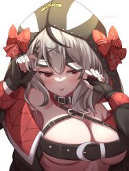 Rule 34 | 1girl, absurdres, belt collar, black collar, black gloves, black hair, breasts, chest belt, closed mouth, collar, fingerless gloves, gloves, grey hair, hair ornament, hashira 14, highres, hololive, large breasts, looking at viewer, medium hair, multicolored hair, red eyes, sakamata chloe, sakamata chloe (1st costume), smile, solo, streaked hair, tongue, tongue out, virtual youtuber, x hair ornament