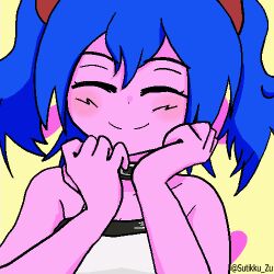 1girl :d animated animated_gif blinking blue_hair bury_pink_gril colored_skin lowres open_mouth pink_skin smile sutikku-zu yellow_background