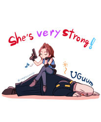 1boy 1girl artist_name black_gloves blue_shirt brown_hair closed_eyes crossed_legs fingerless_gloves gloves gun holding holding_gun holding_weapon jill_valentine nagare nemesis_(resident_evil) resident_evil resident_evil_3:_nemesis resident_evil_3_(remake) shirt short_hair simple_background sitting sitting_on_person weapon white_background