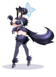 1girl absurdres animal_ears black_hair blue_archive blue_halo cosplay fate/grand_order fate_(series) fur-trimmed_gloves fur-trimmed_legwear fur_bikini fur_collar fur_trim gloves green_eyes hair_bun halloween_costume halo highres lazy_ant long_hair mash_kyrielight mash_kyrielight_(dangerous_beast) mash_kyrielight_(dangerous_beast)_(cosplay) purple_gloves purple_tail purple_thighhighs shun_(blue_archive) tail thighhighs tiger_ears tiger_girl wolf_tail