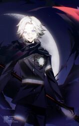 1boy aotsuki_eito blue_eyes glasses highres holding holding_scythe holding_weapon male_focus moon night night_sky parted_hair scythe sky solo star_(sky) the_hundred_line_-last_defense_academy- weapon white_hair