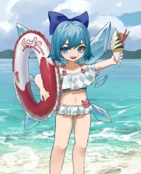 1girl :d argyle_bikini argyle_clothes bare_shoulders bikini bikini_skirt blue_bikini blue_bow blue_eyes blue_hair blue_sky bow cirno cloud cropped day feet_out_of_frame food hair_bow highres holding holding_food holding_ice_cream holding_swim_ring ice ice_cream ice_wings innertube looking_at_viewer mountainous_horizon multicolored_bikini navel ocean open_mouth outdoors short_hair sky smile solo standing swim_ring swimsuit touhou two-tone_bikini white_bikini wings zhong-yan_(2669)