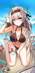 Rule 34 | 1girl, alternate costume, amiris (amiris76455574), bare shoulders, bikini, black bikini, black hairband, blush, bow, bowtie, breasts, cleavage, closed mouth, collarbone, firefly (honkai: star rail), gradient hair, green hair, hair between eyes, hair ornament, hairband, highres, honkai: star rail, honkai (series), large breasts, long hair, looking at viewer, multicolored hair, navel, pink eyes, sitting, smile, solo, starfish, stomach, swimsuit, thigh strap, wariza, wet, white bow, white bowtie