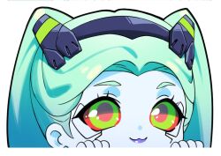 1girl :3 artificial_eye blue_lips blue_sky chibi chibi_only colored_sclera cyberpunk_(series) cyberpunk_edgerunners facial_mark green_eyes green_hair headgear long_hair mechanical_eye parted_bangs rebecca_(cyberpunk) red_sclera sky smile solo solthrys twintails white_background