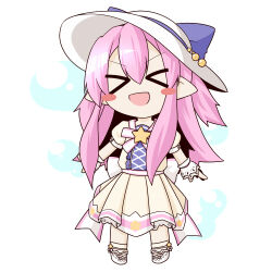 Rule 34 | &gt; &lt;, 1girl, 5k hanasaki, blue ribbon, boots, chibi, dress, emil chronicle online, frilled sleeves, frills, gem, hat, hat ribbon, long hair, open mouth, pearl (gemstone), pink hair, pink ribbon, pointy ears, ribbon, shugoma fumitsuki, standing, two side up, white boots, white dress, white hat