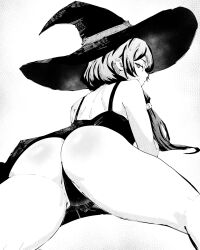 1girl ass ass_focus bare_shoulders cameltoe choppy_bangs cleft_of_venus dress feet_out_of_frame from_behind hat highres looking_at_viewer lying miregeist monochrome on_stomach out_of_frame pleated_dress ponytail pussy shoulder_blades simple_background sousou_no_frieren thick_thighs thighs ubel_(sousou_no_frieren) upper_body white_background witch_hat
