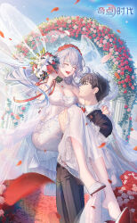1boy 1girl ^_^ absurdres arch bare_arms bare_shoulders black_hair black_pants blue_sky bouquet breasts bride carrying carrying_person cleavage closed_eyes column copyright_name cowboy_shot crazy_ones day dress dutch_angle falling_petals floating_hair flower full_body groom hair_flower hair_ornament hand_on_another&#039;s_shoulder high_heels highres holding holding_bouquet jewelry large_breasts lens_flare logo long_dress long_hair looking_at_another open_mouth outdoors pants petals pillar princess_carry profile protagonist_(crazy_ones) red_flower red_rose ring rose shoe_dangle shoes short_hair sky smile standing strapless strapless_dress veil very_long_hair wedding wedding_dress wedding_ring white_dress white_flower white_hair white_rose white_shoes white_veil xia_bing_(crazy_ones)