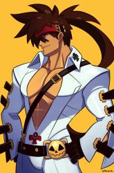 Rule 34 | 1boy, abs, absurdres, bodysuit, brown eyes, brown hair, cosplay, dark-skinned male, dark skin, guilty gear, guilty gear strive, hands on own hips, highres, jack-o&#039; valentine, jack-o&#039; valentine (cosplay), long hair, male focus, muscular, muscular male, open bodysuit, open clothes, simple background, smgold, sol badguy, solo, white bodysuit, yellow background