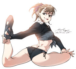 1girl ass brown_hair butt_crack flexible lips shirt smile tagme tied_shirt