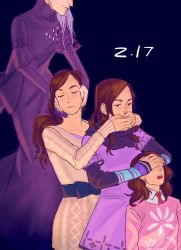 age_progression aged_down aged_up brown_eyes brown_hair closed_eyes covering_own_ears covering_own_mouth dated dress highres kyokugen_dasshutsu kyokugen_dasshutsu_adv:_zennin_shibou_desu kurashiki_akane open_mouth purple_dress rinny three_monkeys white_hair zero_escape:_toki_no_dilemma