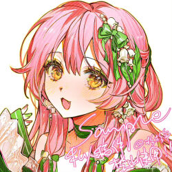 1girl bare_shoulders bow chinese_commentary collarbone commentary_request commission detached_sleeves dot_nose earrings eyelashes eyeshadow fang flower flower_earrings frilled_sleeves frills green_bow green_eyeshadow green_nails hair_between_eyes hair_bow hair_flower hair_ornament hair_rings hand_up happy jewelry kamu_(poulro) leaf light_blush lily_of_the_valley long_hair long_sleeves makeup multicolored_nails multiple_hair_bows nail_polish open_mouth original outline pink_hair pink_nails sample_watermark sidelocks simple_background sleeves_past_wrists smile solo strap upper_body watermark weibo_watermark white_background white_flower yellow_eyes yellow_outline