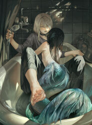2others androgynous barefoot bathroom bathtub black_choker black_hair black_pants bottle choker commentary completely_nude feet fins foreshortening grey_shirt head_fins highres holding holding_shower_head in_bathtub indoors looking_at_another lower_teeth_only mermaid mermaid_out_of_environment monster_girl multiple_others nnnyj nude original pants parted_lips shirt shower_head sunlight sweat teeth tile_wall tiles toenails toes twitter_username water_drop watermark white_eyes white_hair