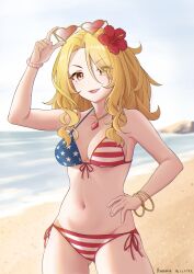 Rule 34 | 1girl, absurdres, american flag bikini, american flag print, artist name, beach, bikini, blonde hair, bracelet, christina (princess connect!), christina (real) (princess connect!), dated, day, eyewear on head, flag print, front-tie bikini top, front-tie top, hand on own hip, heart, heart-shaped eyewear, highres, horizon, jewelry, long hair, necklace, ocean, outdoors, princess connect!, print bikini, red eyes, ruinone, side-tie bikini bottom, smile, solo, sunglasses, swimsuit