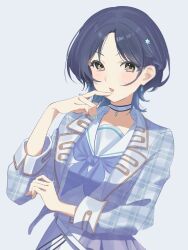 1girl absurdres blue_hair blue_jacket blue_neckerchief blush brown_eyes commentary_request girls_band_cry grey_background hair_ornament hairclip hand_up highres jacket kuji_(orca9ji) looking_at_viewer nana_(girls_band_cry) neckerchief plaid_clothes plaid_jacket school_uniform serafuku short_hair simple_background solo star_(symbol) star_hair_ornament unmoving_pattern upper_body wolf_cut