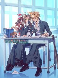Rule 34 | 1boy, 1girl, aerith gainsborough, aerith gainsborough (midgard seventh high school), baggy pants, bandaid, bandaid on cheek, bandaid on face, baseball bat, black gloves, black jacket, black pantyhose, black sailor collar, black shoes, black skirt, blonde hair, book, brown hair, character doll, choker, classroom, cloud strife, cloud strife (midgard seventh high school), collared shirt, crop top, crossed legs, delinquent, desk, doll, final fantasy, final fantasy vii, final fantasy vii ever crisis, flower, full body, gakuran, gloves, green eyes, grey neckerchief, hair flower, hair ornament, hair ribbon, highres, jacket, linerhan, long hair, long skirt, midriff, neckerchief, official alternate costume, pants, pantyhose, paper airplane, platform shoes, pleated skirt, red ribbon, ribbon, sailor collar, school desk, school uniform, sharp teeth, shirt, shoes, short hair, side ponytail, sitting, skirt, sukeban, teeth, whispering, white flower, white shirt, window