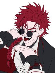 1boy :d absurdres black_jacket black_shirt braid braided_ponytail chinese_clothes earrings fangs glasses hair_over_shoulder halftone highres jacket jewelry long_hair long_sleeves looking_at_viewer male_focus mrsseven745 open_mouth piercing red_eyes red_hair round_eyewear shiguang_dailiren shirt simple_background single_braid single_earring smile solo spiked_hair sunglasses tassel tassel_earrings teeth tongue tongue_out tongue_piercing upper_body white_background white_shirt xiao_weiying