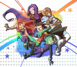 2girls 3boys animification beast_boy_(dc) bindi bodysuit boots cape cartoon_network cloak colored_skin costume crossed_arms cyborg cyborg_(dc) dark_skin dc_comics dick_grayson domino_mask elbow_gloves everyone flying friends gloves green_eyes green_hair green_skin grin ladama mask multiple_boys multiple_girls one_eye_closed orange_skin pale_skin polka_dot polka_dot_background purple_footwear rainbow raven_(dc) robin_(dc) shoes smile star_(symbol) starfire superhero_costume teen_titans thigh_boots thighhighs victor_stone white_gloves wink
