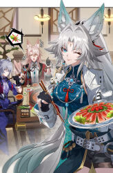 Rule 34 | 1boy, 2girls, absurdres, animal ear fluff, animal ears, anjilu, belt, black gloves, blue eyes, bonsai, breasts, cabbage, cherry tomato, chili pepper, chopsticks, closed eyes, earrings, facial mark, feixiao (honkai: star rail), fingerless gloves, food, forehead mark, fox ears, fox girl, fox tail, gloves, grey hair, highres, holding, holding chopsticks, honkai: star rail, honkai (series), indoors, jacket, jewelry, jiaoqiu (honkai: star rail), long hair, long sleeves, looking at viewer, lotus root slice, meat, moze (honkai: star rail), multiple girls, mushroom, one eye closed, open mouth, plate, ponytail, shorts, sitting, smile, spring onion, table, tail, tomato, translation request, very long hair, yellow eyes