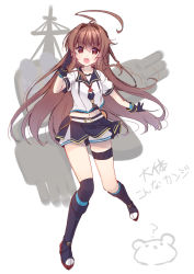 Rule 34 | 1girl, ahoge, black boots, black gloves, black sailor collar, black skirt, black thighhighs, boots, brown eyes, brown hair, commentary request, full body, gloves, highres, huge ahoge, kantai collection, ko yu, kuma (kancolle), long hair, looking at viewer, machinery, open mouth, original remodel (kantai collection), sailor collar, school uniform, serafuku, shorts, shorts under skirt, simple background, skirt, smile, solo, thighhighs, translation request, white background, white shorts