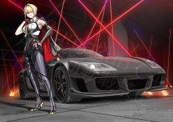 1girl artist_name asymmetrical_gloves black_bow black_car black_high_heels black_jacket black_pants bow breasts car collared_shirt elbow_gloves evelyn_chevalier frown gloves hair_over_one_eye high-waist_pants high_heels highres holding holding_jacket holding_unworn_clothes indoors jacket laser medium_breasts mismatched_gloves mole mole_under_eye motor_vehicle necktie noble_(company) noble_m600 one_eye_covered pants partially_fingerless_gloves pink_lips purple_eyes shadow shirt single_elbow_glove solo sports_car sumakun unworn_jacket vehicle_focus watermark white_shirt yellow_necktie zenless_zone_zero