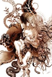 Rule 34 | 1boy, 1girl, asymmetrical wings, aya carmine, breasts, cigarette, clothes pull, collarbone, collared shirt, hair between eyes, halo, hand on another&#039;s neck, hand on another&#039;s thigh, highres, hitomi hirosuke (sayonara wo oshiete), jacket, leaf, leaf wings, long hair, millipen (medium), mismatched wings, monochrome, mouth hold, necktie, nipples, parted lips, pen (medium), pleated skirt, sayonara wo oshiete, shirt, shirt partially removed, shirt pull, shoes, short hair, skirt, smoking, snake, socks, suction cups, sugamo mutsuki, tendril, tentacles, traditional media, uwabaki, very long hair, wings